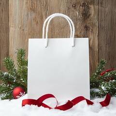 Blank paper shopping bag, sitting in snow with pine branches and holiday ribbons, on a rustic wood background