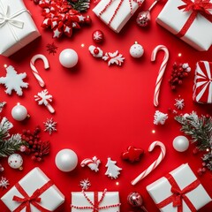 Wall Mural - On a red background, festive Christmas gifts and decorations are displayed