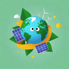 Wall Mural - A flatlay of a poster showing a cartoon Earth character happily embracing renewable energy symbols, such as wind turbines and solar panels. The shallow focus adds a soft blur to the background, highli