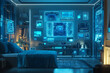 © urbanpalette - High-Tech Smart Home at Night with Glowing AI Control Panels, Wireframe Neon Connections, Aerial View of Connected Devices & Futuristic Gadgets