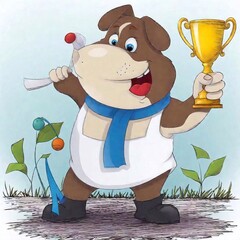 Sticker - cartoon character of dog holding a trophy.