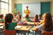 © Yuudaishin - Interactive Classroom with Children Raising Hands to Participate in Active Learning