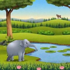 Wall Mural - cartoon scene with wild animal elephant in the forest illustration for children