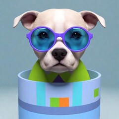 Poster - A captivating 3D conceptual art piece showcasing a pitbull puppy, smiling, wearing blue round sunglasses looking at a light blue box. The puppy is adorned with a suit jacket in purple, orange, green a