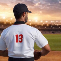 Wall Mural - baseball player in a red uniform on a stadium.