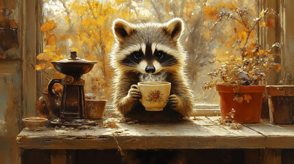charming raccoon holding a coffee cup by a sunlit window adorned with autumn foliage, perfect for co