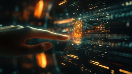 Software developer touching Digital futuristic holographic interface background with finger