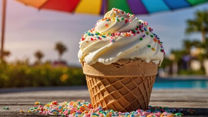 A delicious ice cream cone topped with whipped cream and colorful sprinkles by a poolside.