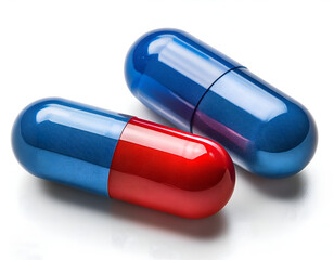 Wall Mural - Close-up image of two colorful capsules in blue and red resting on a white surface, representing medication and pharmaceutical products