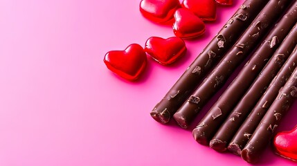 Wall Mural - Chocolate sticks with red hearts on a pink background