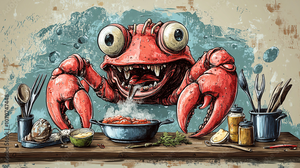Cartoon-style drawing of a giant sea creature with cooking utensils ...