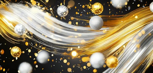 An abstract New Year's Eve party banner featuring bold strokes of gold and silver, with vibrant fireworks-like shapes exploding across the background. Soft