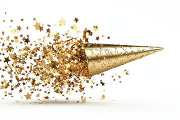 3d illustration of confetti streamer and star on gold party popper.