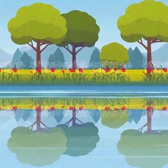 Sticker - beautiful landscape with lake and trees