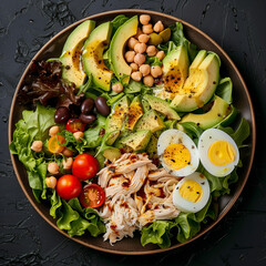 Wall Mural - healthy salad with shredded chicken, avocado, chickpeas, boiled eggs, and cherry tomatoes