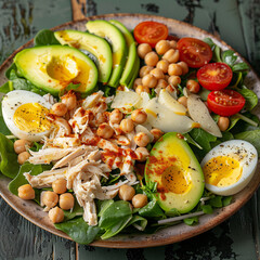 Wall Mural - healthy salad with shredded chicken, avocado, chickpeas, boiled eggs, and cherry tomatoes