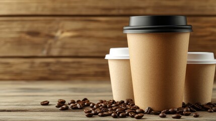 Coffee To Go: Cups and Beans on Wooden Background