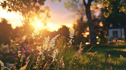 Wall Mural - Soft, Wispy Grasses Blowing in a Meadow at Sunset