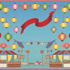 Wall Mural - Compose a postcard cover that features a stylized red ribbon banner intertwined with lanterns, hanging in a lively market scene filled with colorful decorations. The ribbon elegantly frames the vibran