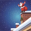 © LIGHTFIELD STUDIOS - Multiracial Santa waving from the rooftop  seen from below, Santa waves joyfully as he holds his gift sack, with a backdrop of snow-covered roofs and twinkling stars, capturing the full holiday spirit