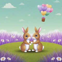 Wall Mural - Whimsical cartoon scene with two cute rabbits playfully holding their paws together to form a heart.