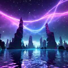 Canvas Print - Fantasy landscape with neon trees and glowing particles, creating whimsical effect.