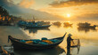 Vietnamese fishermen hauling in their nets at sunrise, with fishing boats lining the shore and a peaceful morning atmosphere