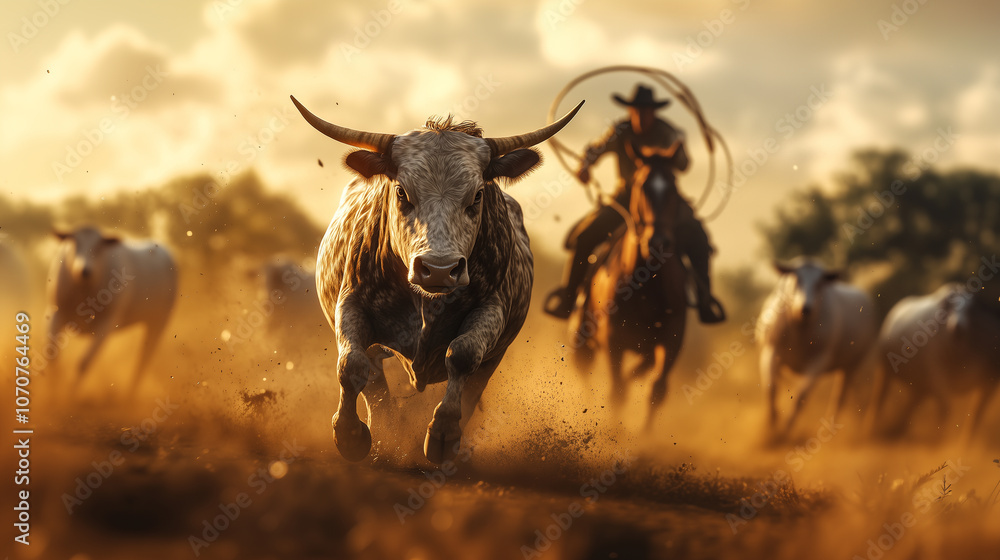 Charging Bull with Cowboy in Background, Western Ranch Scene: Dusty ...