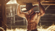 © Maridav - Muscular Handsome Cowboy Carrying Hay Bale in Rustic Barn: Fit, Shirtless Man with Cowboy Hat Showcasing Strength in Rural Farm Setting. Image made using Generative AI.