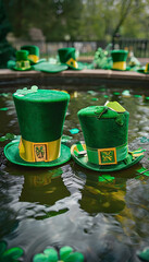 Wall Mural - St Patrick's Day hats and clovers - St Patrick's Day hats and clovers on water surface, St Patrick's Day, culture