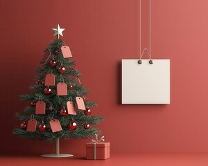 christmas tree with sale tags, festive shopping, 3d illustration