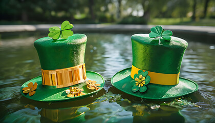 Wall Mural - St Patrick's Day hats and clovers - St Patrick's Day hats and clovers on water surface, St Patrick's Day, culture