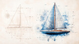 Sailboat Blueprint Watercolor:  A stunning watercolor painting of a classic sailboat alongside its detailed blueprint. A blend of artistry and engineering.