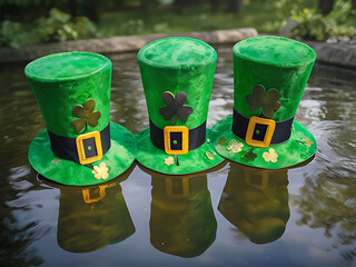 Wall Mural - St Patrick's Day hats and clovers - St Patrick's Day hats and clovers on water surface, St Patrick's Day, culture