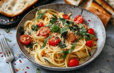 Delicious home made vegan pasta with tomatoes.