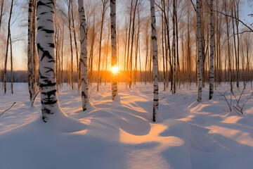 Wall Mural - Serene winter landscape with birch trees and a sunset casting warm light on snow.