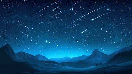 Wall Mural - starry night sky with shooting stars over mountain landscape, serene and breathtaking view.