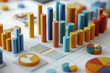 Leinwandbilder - Colorful 3D Bar Charts and Pie Charts on a White Background