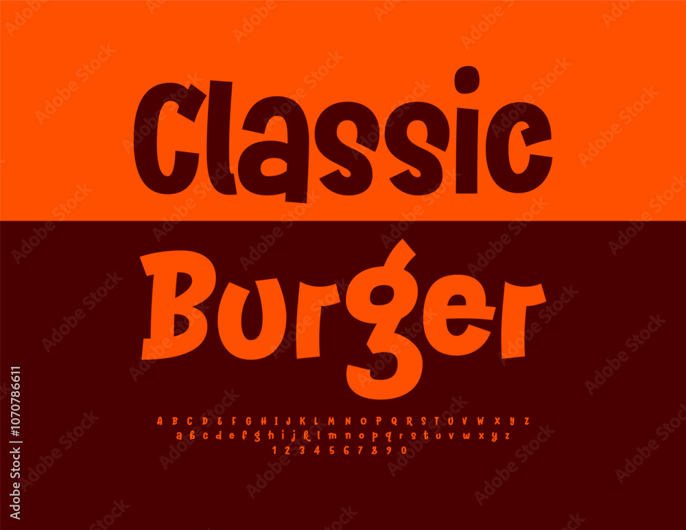 Vector bright banner Classic Burger. Funny Red Font. Uppercase ...