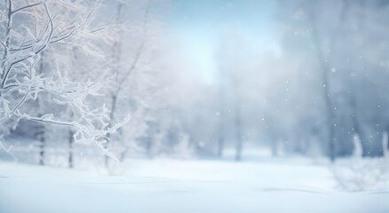 Wall Mural - A serene winter landscape with snow-covered trees and a soft blue background.