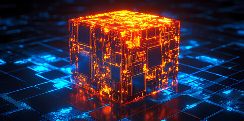digital cube: a glowing, intricate digital cube floats within a blue circuit board, representing the