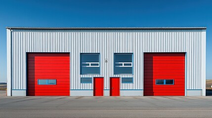 Modern industrial building with two large red garage doors and a smaller red door in the center, under a clear blue sky.