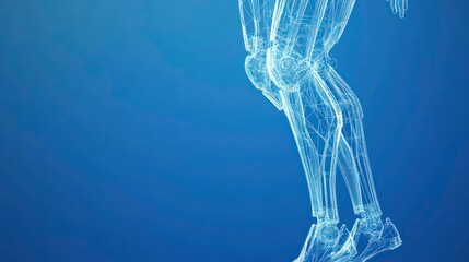 Poster - Wireframe digital illustration of a robotic exoskeleton lower body on a blue background.