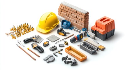 Poster - Bricklaying foundation work with modern tools and protective gear, isolated on white.