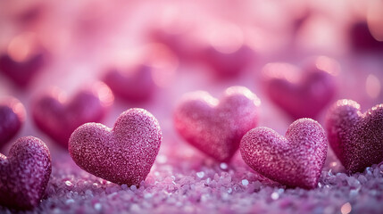 Wall Mural - Glittery pink hearts spread across a sparkling surface with soft, warm lighting creating a romantic feel.