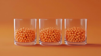 Leinwandbilder - View of three glasses with orange polypropylene granules, masterbatch polymer grain resin pellets on orange backdrop. 3D render illustration.