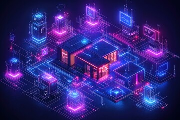 Poster - Futuristic Cityscape with Neon Lights and Network Connections