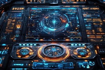Aufkleber - Futuristic Control Panel with Glowing Blue and Orange Interfaces