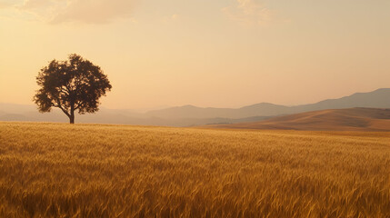 Poster - A lone tree stands tall in a field of golden wheat, with rolling hills and a hazy sunset in the background.