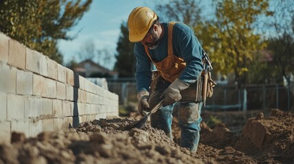 Poster - Experienced bricklayer in protective gear working on a new wall foundation, tools and cement visible.